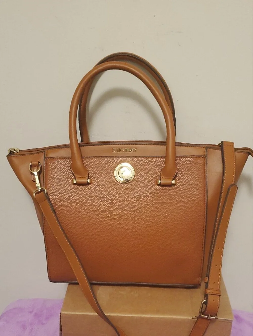 Ellen Tracy Cognac Brown Leather Satchel with Gold Hardware